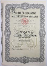 Акция Societe Bourbonnaise d'Alimentation Generale, 100 франков, Франция